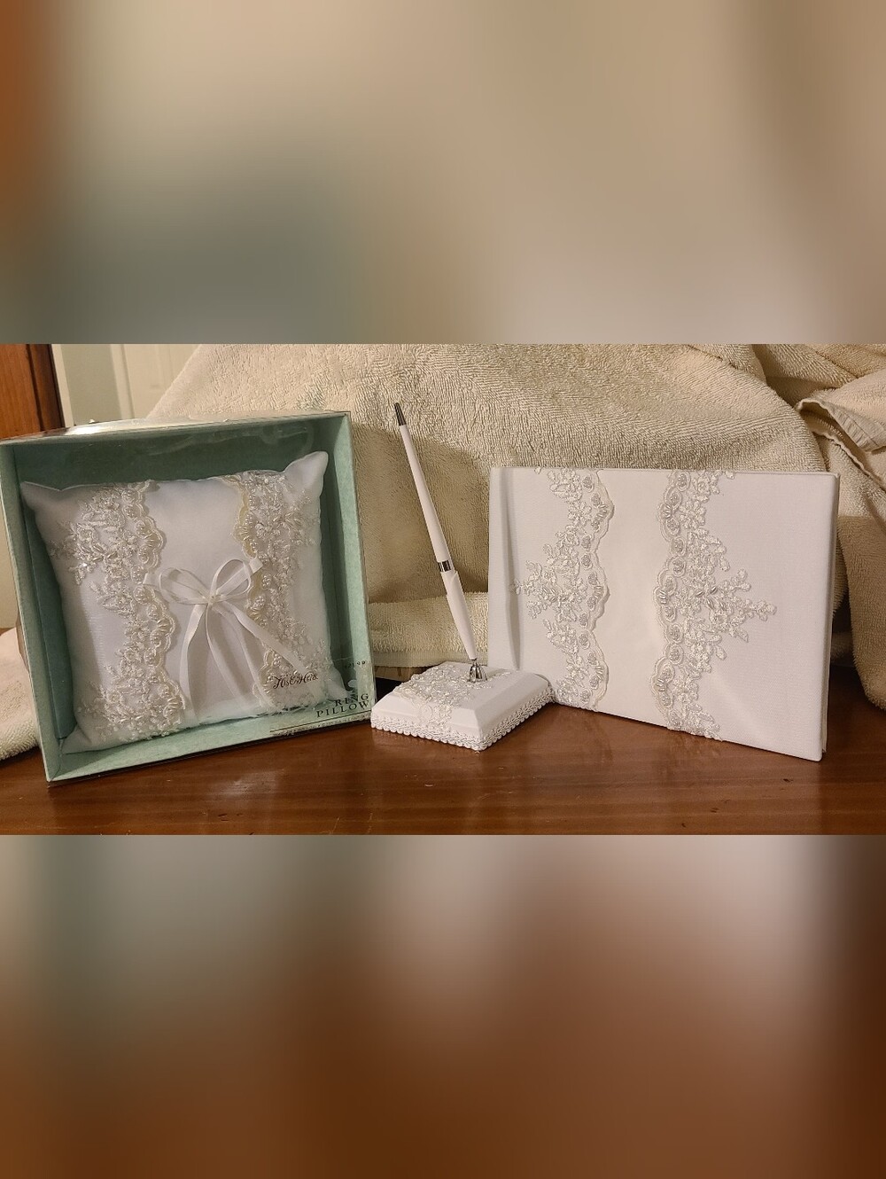 Hobby Lobby Ivory Lace Ring Pillow, Guest Book & Pen Set